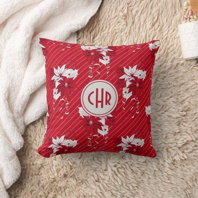 Whimsical Red and White Poinsettia Pattern Throw Pillow (Blanket)