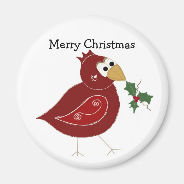 Whimsical Red Bird with Sprig of Holly Magnet (Front)