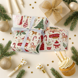 Whimsical Red Birthday Christmas Wrapping Paper