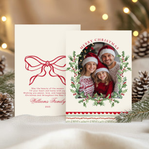 Whimsical Red Bow Family Photo Classic Holiday Card
