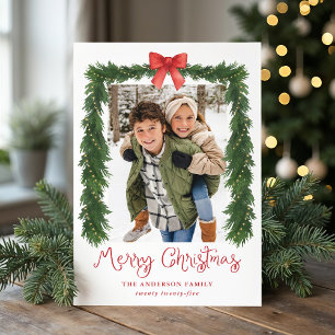 Whimsical Red Bow Garland Christmas Photo Holiday Card