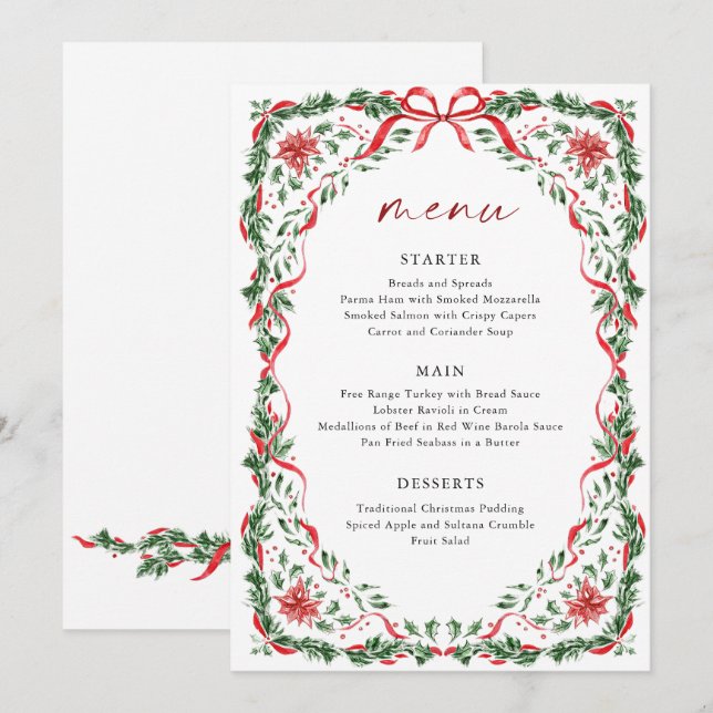 Whimsical Red Bow Printable Christmas Menu Card (Front/Back)