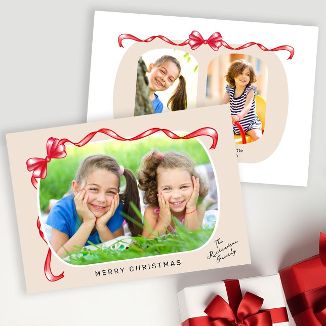 Whimsical Red Bow Ribbon 3 Photos Christmas Holiday Card (Creator Uploaded)
