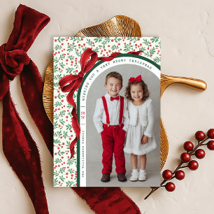 Whimsical Red Bow Ribbon Christmas Holiday Photo Card