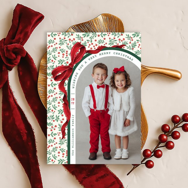 Whimsical Red Bow Ribbon Christmas Holiday Photo Card (Creator Uploaded)