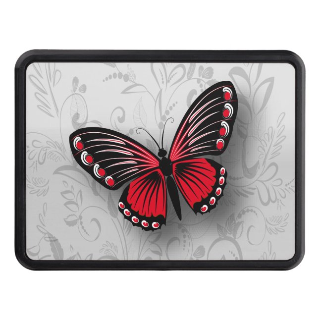 Whimsical Red Butterfly on Grey Floral Trailer Hitch Cover (Front)