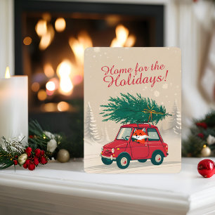 Whimsical Red Car Fox Bringing Christmas Cheer Holiday Card