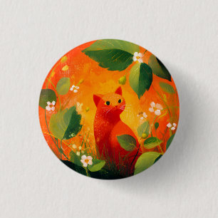 Whimsical Red Cat Wildflower Garden 1 Inch Round Button