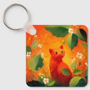 Whimsical Red Cat Wildflower Garden Keychain