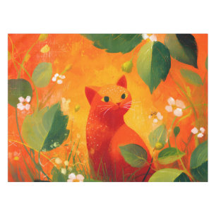 Whimsical Red Cat Wildflower Garden Tablecloth