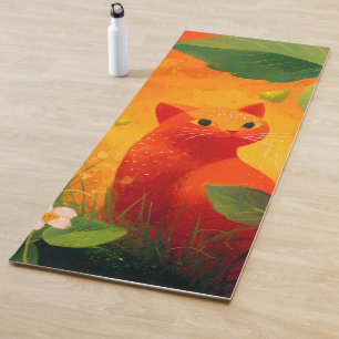 Whimsical Red Cat Wildflower Garden Yoga Mat