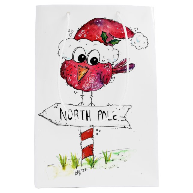 Whimsical Red Christmas Bird Medium Gift Bag (Front)