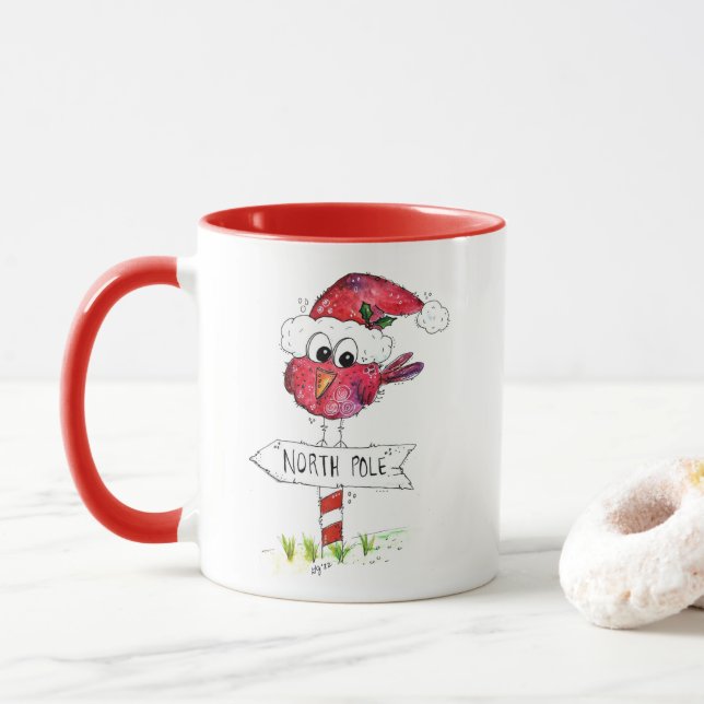 Whimsical Red Christmas Bird Mug (With Donut)