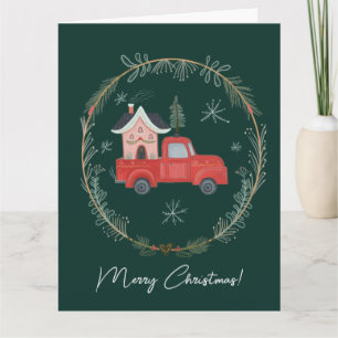 Whimsical Red Christmas Truck with Cozy House Card