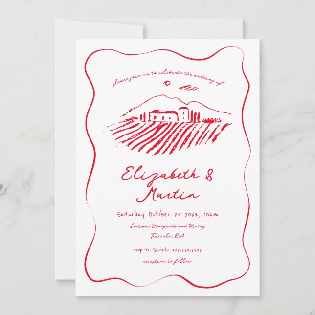 Whimsical Red Doodle Vineyard Wavy Border Wedding Invitation (Front)