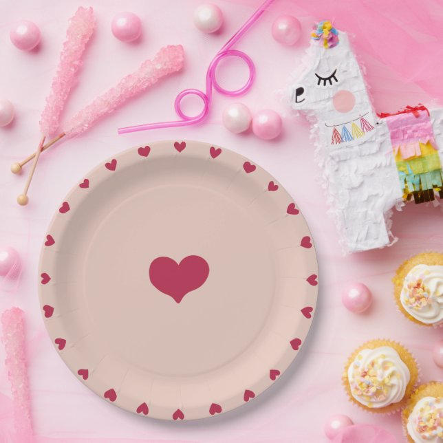 Whimsical Red Doodled Hearts on Peachy Pink Paper Plate (Party)