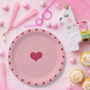 Whimsical Red Doodled Hearts on Soft Pink Paper Plate