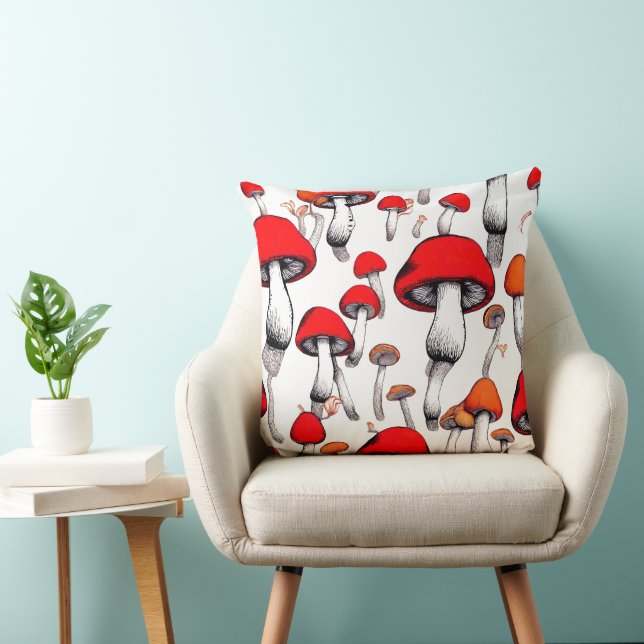 WHIMSICAL RED FLOATING MUSHROOMS DIGITAL ART  THROW PILLOW (Chair)
