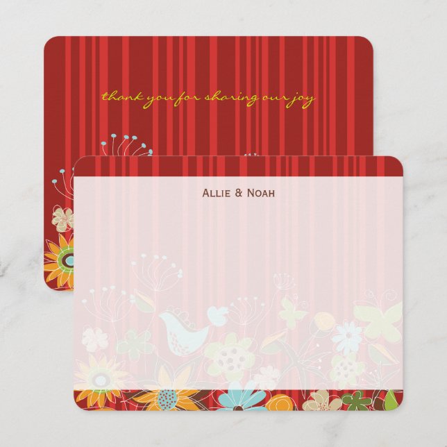 Whimsical Red Floral Garden And Bird Fun Wedding Thank You Card (Front/Back)