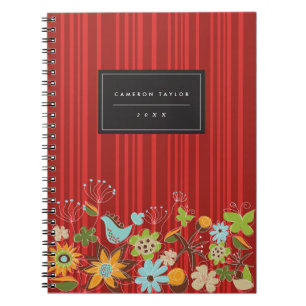 Whimsical Red Floral Garden & Bird Custom Notebook