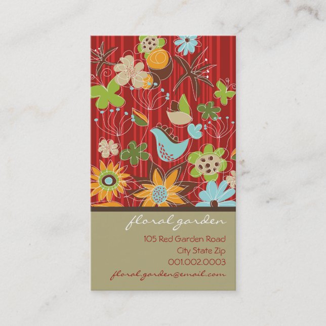 Whimsical Red Floral Garden Blooms Modern Chic Business Card (Front)