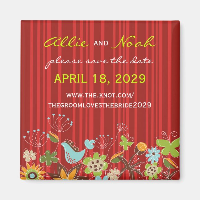 Whimsical Red Floral Garden Wedding Save The Date Magnet (Front)
