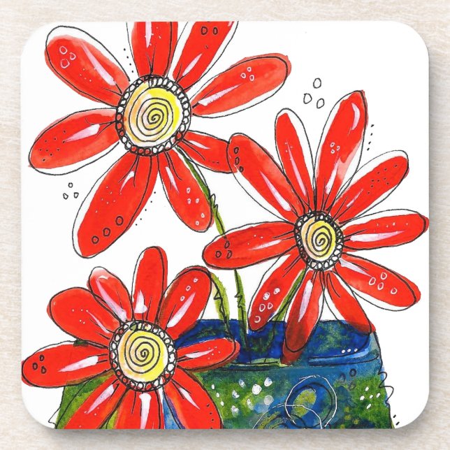 Whimsical Red Flowers Coaster (Front)