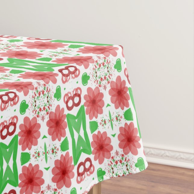 Whimsical Red Flowers Green Leaves On White Art Tablecloth (In Situ)