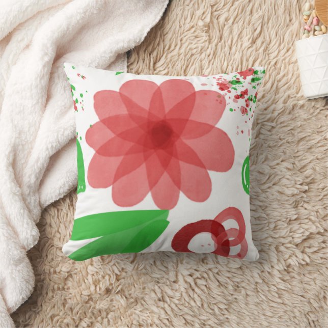 Whimsical Red Flowers Green Leaves On White Art Throw Pillow (Blanket)