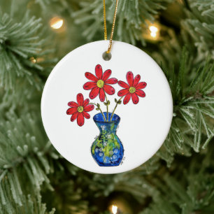 Whimsical Red Flowers in Blue Vase Ceramic Ornament