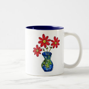 Whimsical Red Flowers in Blue Vase Two-Tone Coffee Mug