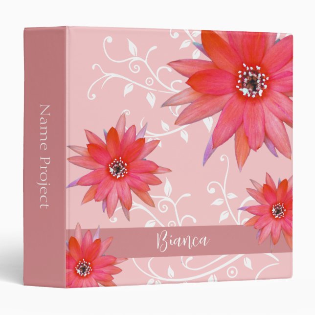 Whimsical Red Flowers Swirly Leaves Add Name Pink Binder (Front/Spine)