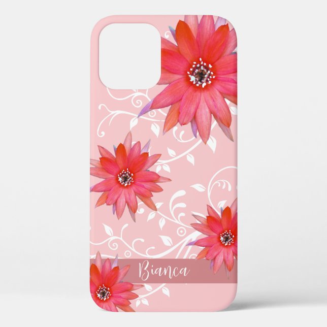 Whimsical Red Flowers Swirly Leaves Add Name Pink Case-Mate iPhone Case (Back)
