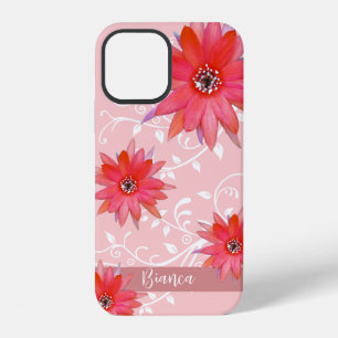 Whimsical Red Flowers Swirly Leaves Add Name Pink iPhone 12 Case