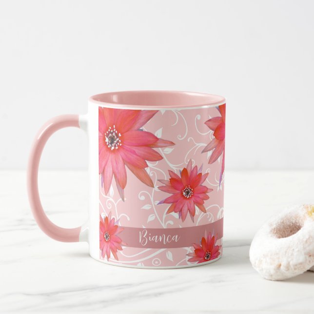 Whimsical Red Flowers Swirly Leaves Add Name Pink Mug (With Donut)
