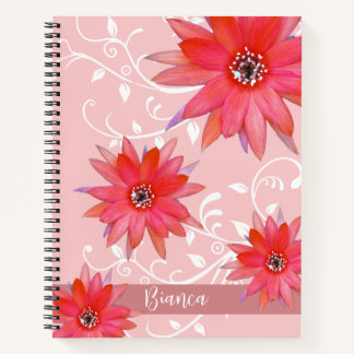 Whimsical Red Flowers Swirly Leaves Add Name Pink Notebook