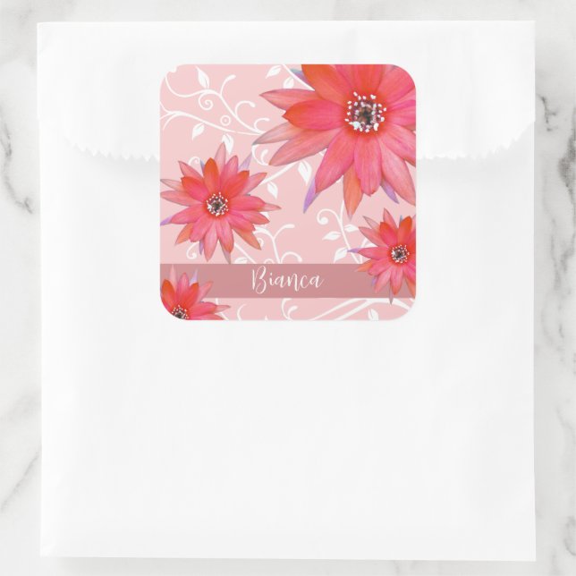Whimsical Red Flowers Swirly Leaves Add Name Pink  Square Sticker (Bag)