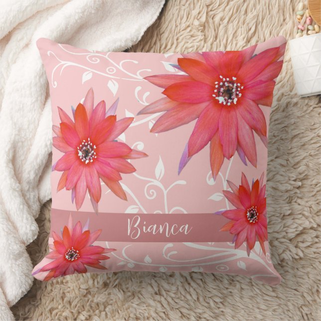 Whimsical Red Flowers Swirly Leaves Add Name Pink Throw Pillow (Blanket)