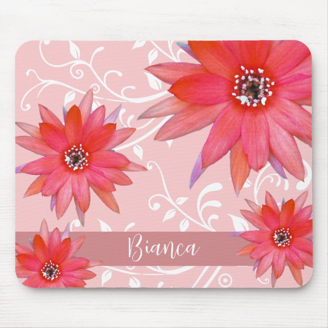 Whimsical Red Flowers Swirly Leaves Pink Mouse Pad (Front)