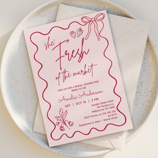 Whimsical Red Fresh Off The Market Bridal Shower Invitation (Fresh off the Market Bridal Shower Invitation, Whimsical Market Farmers Bridal Shower Invitation )