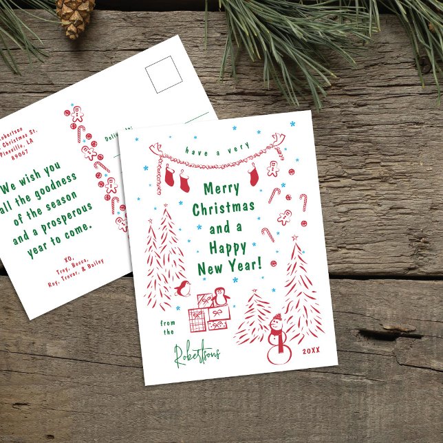 Whimsical Red & Green Christmas Scene Postcard (Creator Uploaded)