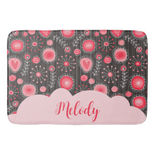 Whimsical red grey hearts and flowers floral name bath mat