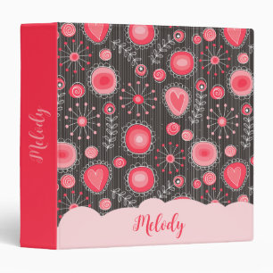 Whimsical red grey hearts and flowers floral name binder