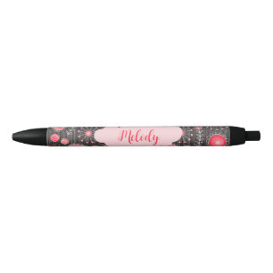 Whimsical red grey hearts and flowers floral name black ink pen