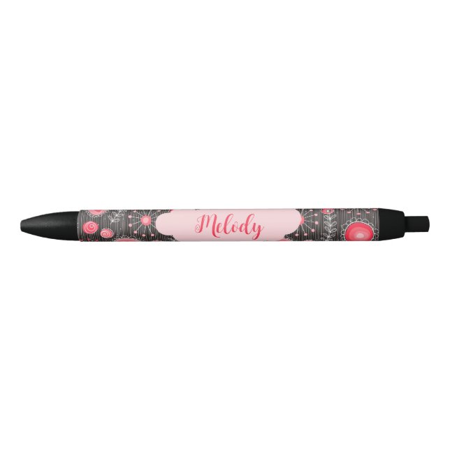 Whimsical red grey hearts and flowers floral name black ink pen (Front)