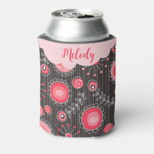 Whimsical red grey hearts and flowers floral name can cooler