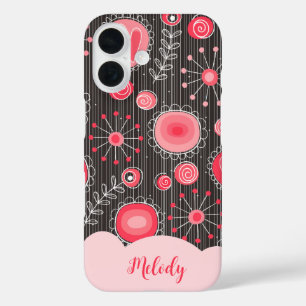 Whimsical red grey hearts and flowers floral name iPhone 16 case