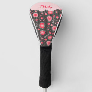 Whimsical red grey hearts and flowers floral name golf head cover