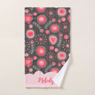 Whimsical red grey hearts and flowers floral name hand towel