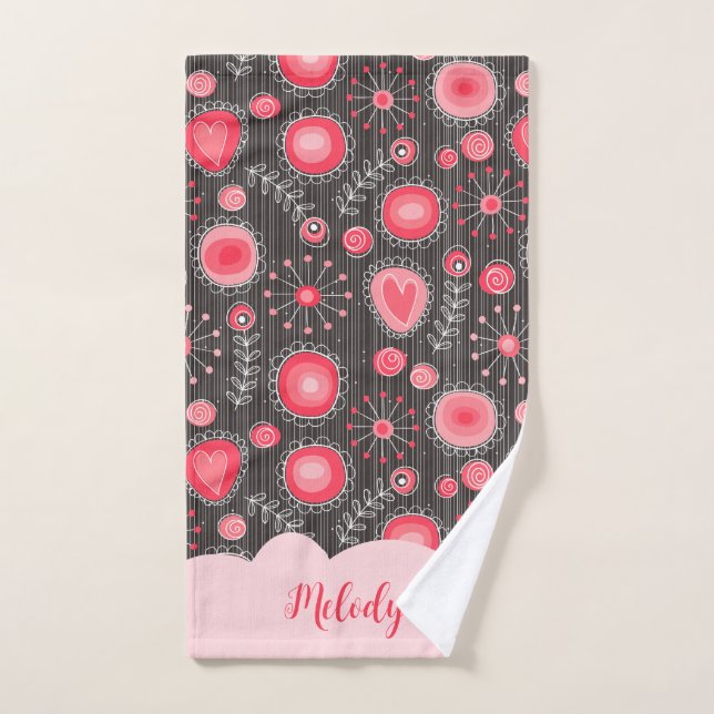 Whimsical red grey hearts and flowers floral name hand towel (Hand Towel)